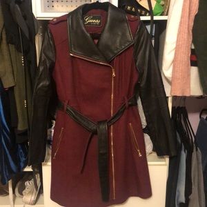 Burgundy & black leather sleeves knee length coat